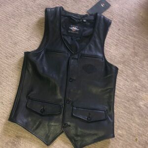 HD black pebble leather vest fully lined NWT ladies M 28” chest inner pockets